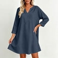 thumbnail image 4 of Bosfbaoi Linen Dresses for Women V Notch Neck 3/4 Roll Sleeve Loose A‑Line Short Dress with Side Pockets, 4 of 7
