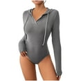 thumbnail image 2 of Women's Long Sleeve Sexy Knitted Tops Bodysuits V Lapel Neck One Piece Pit Stripe Jumpsuit Bodysuits Shirts Gray M, 2 of 9