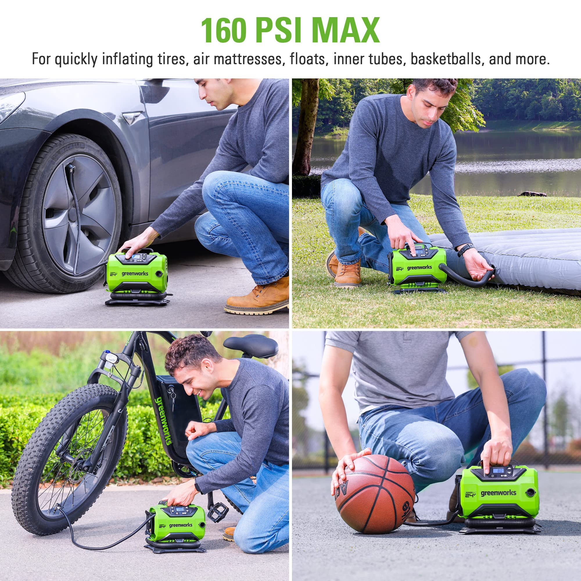 Greenworks 24V Cordless Tire Inflator 160 PSI Portable Air Compressor, Tool Only