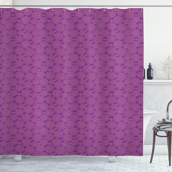 Abstract Shower Curtain, Different Size Circles Background Designed with Circular Shape Dashed Lines, Fabric Bathroom Set with Hooks, 69W X 70L Inches, Purple and Salmon, by Ambesonne