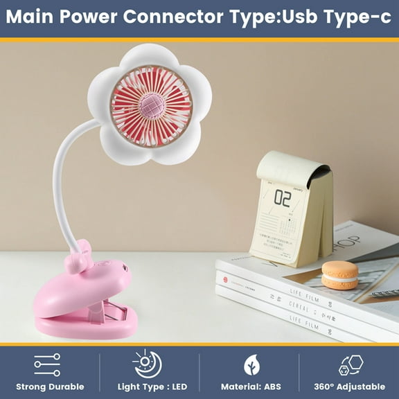 USB Rechargeable Clip on Fan Cute Design Flower Clip on Fan 360° Rotate Cooling Fan with LED Lights for Stroller Camping Pink,1 * Clip fan 1 * USB cable,Pink