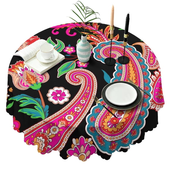 Vintage Paisley Floral Decor Round Tablecloth 60 Inch Diameter Table Cover Durable Fabric for Dining Kitchen Room