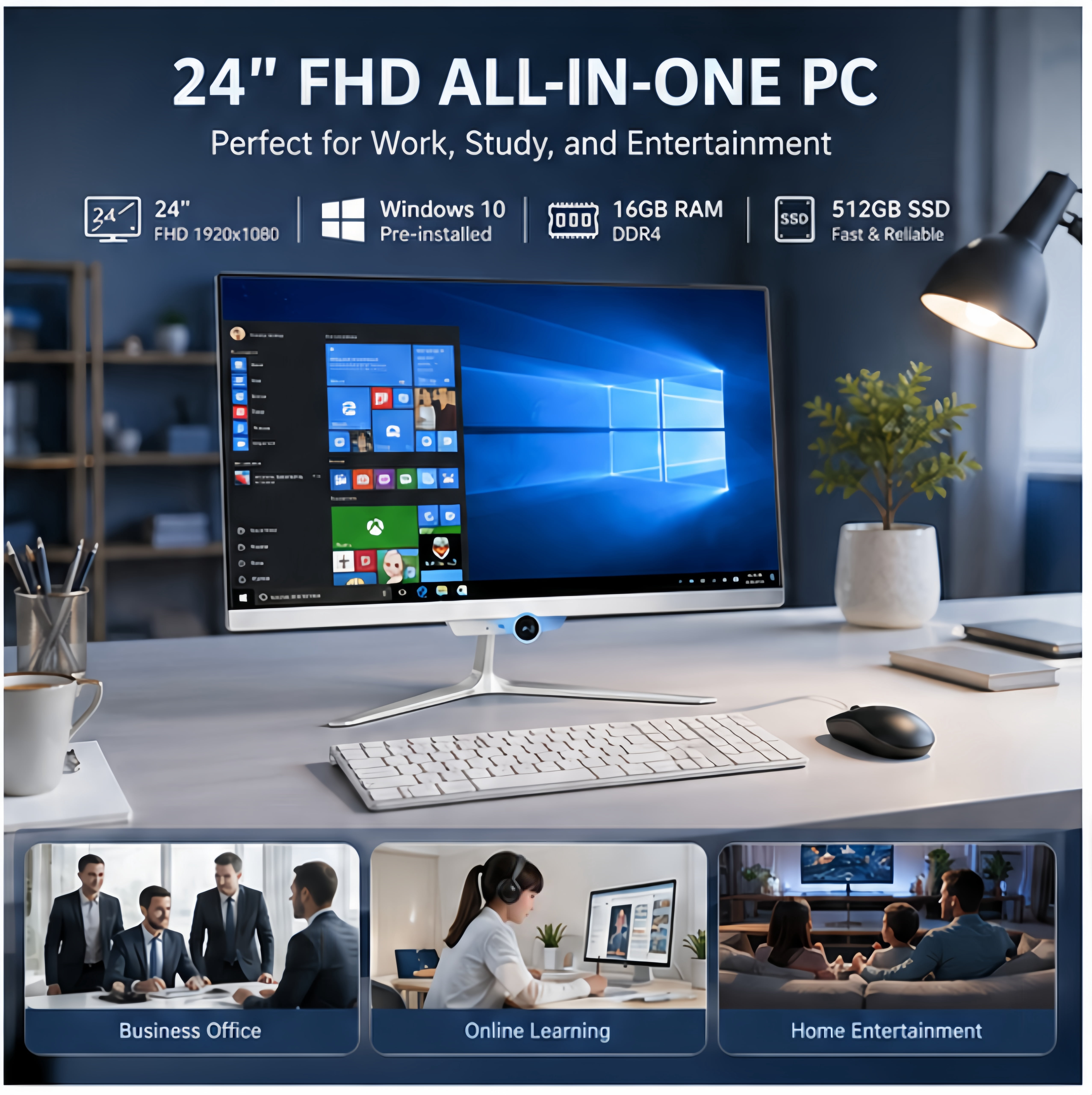 TOEMAAGIC All-in-One Desktop 24″ FHD Display Intel Core i5 16GB RAM 512GB SSD Windows 10,Mouse,Keyboard ,White