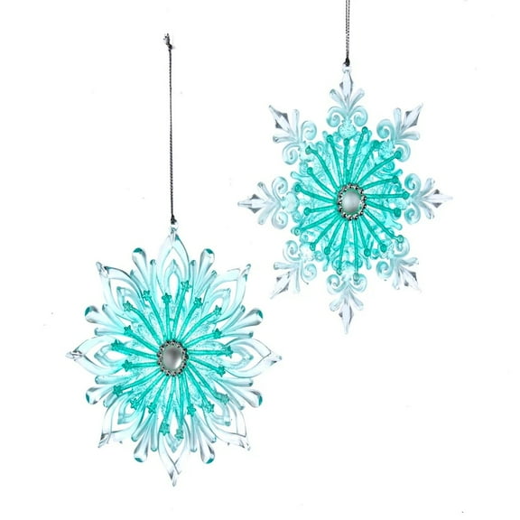 Set of 2 Glittered TURQUOISE SNOWFLAKE Christmas Ornaments by Kurt Adler