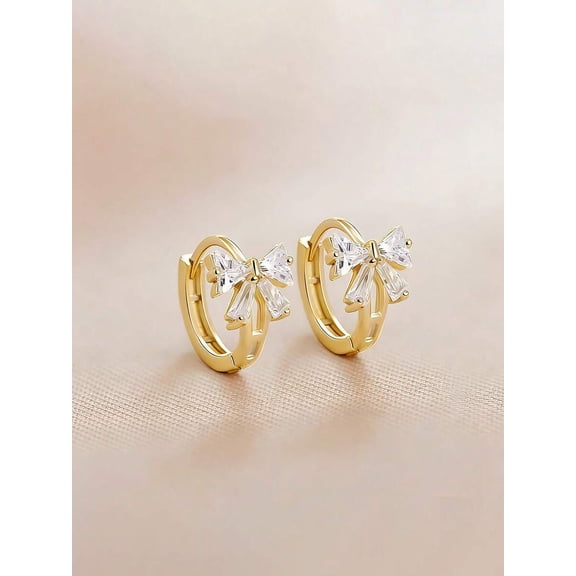 Fashion Sweet Bow Knot Zirconia Huggie Earrings in Gold, 1 Pair