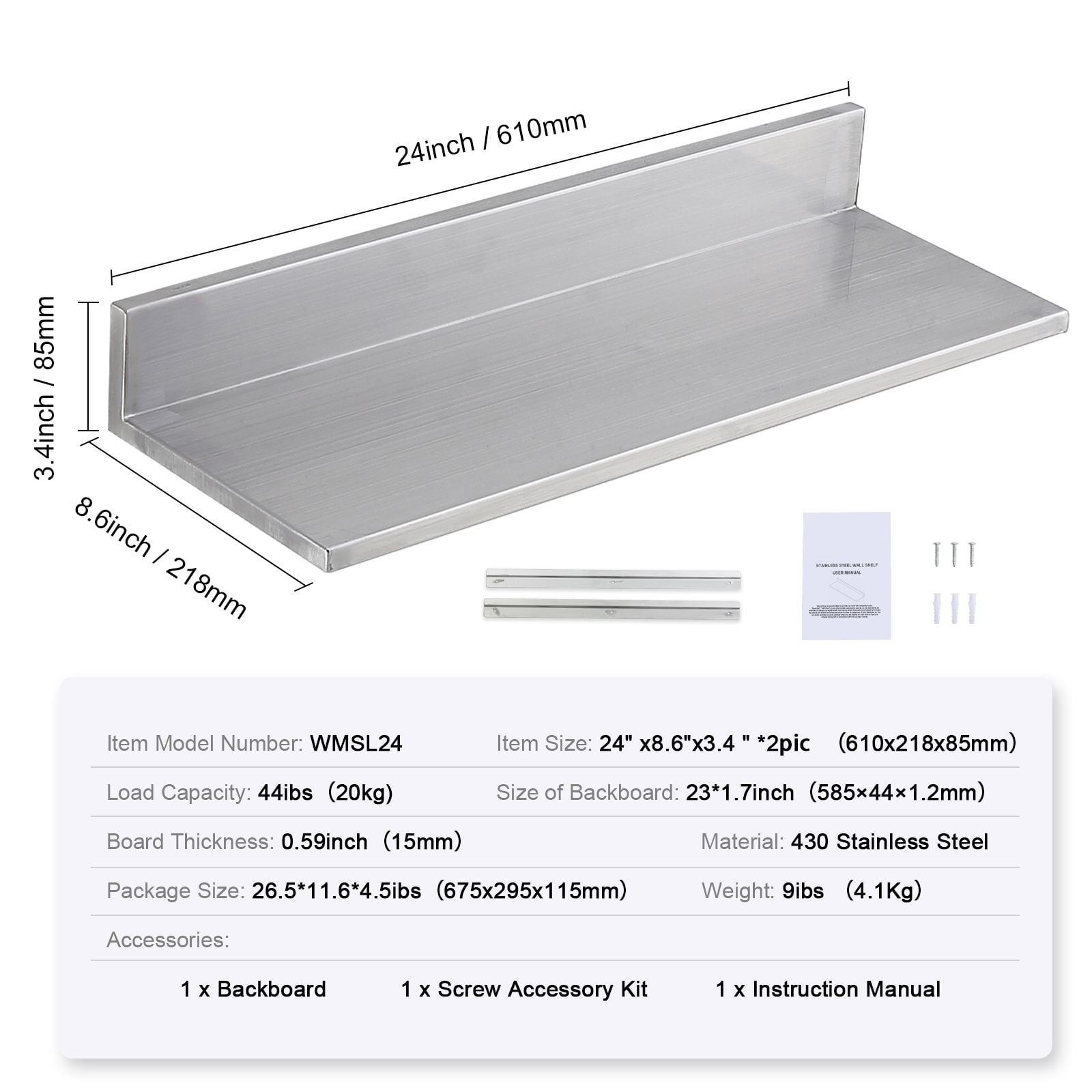 Stainless Steel Shelf 8.6x24 Inch Wall Mounted, 44 lbs Commercial Floating Shelving with Backsplash for Kitchen Restaurant