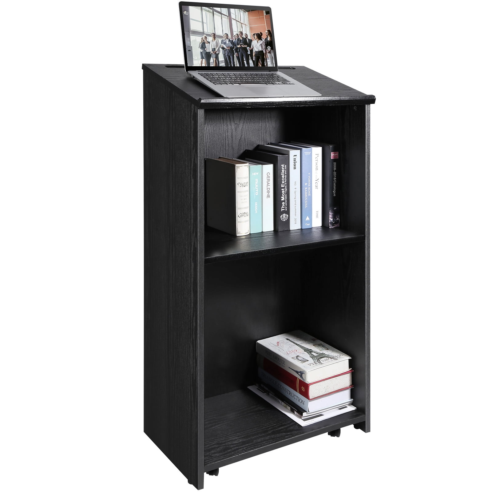 KFFKFF Speaker's Stand, 47-inch Mobile Platform with Quadruple Casters, Wooden Stand featuring Storage Layers and Angled Work Surface, Suitable for Religious Institutions, Workplaces