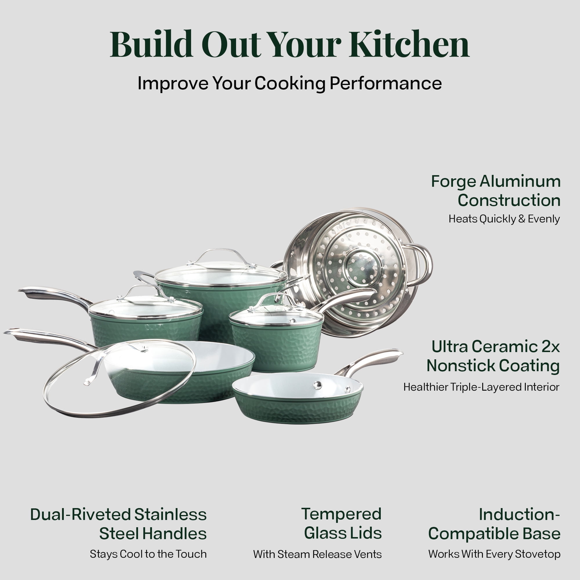 Gotham Steel 10 Pc Hammered Pots and Pans Set Non Stick, Easy Clean Kitchen Ceramic Cookware Set Nonstick, Long Lasting Pot and Pan Set with Skillet, Oven Safe, No Forever Chemicals, Sage Green