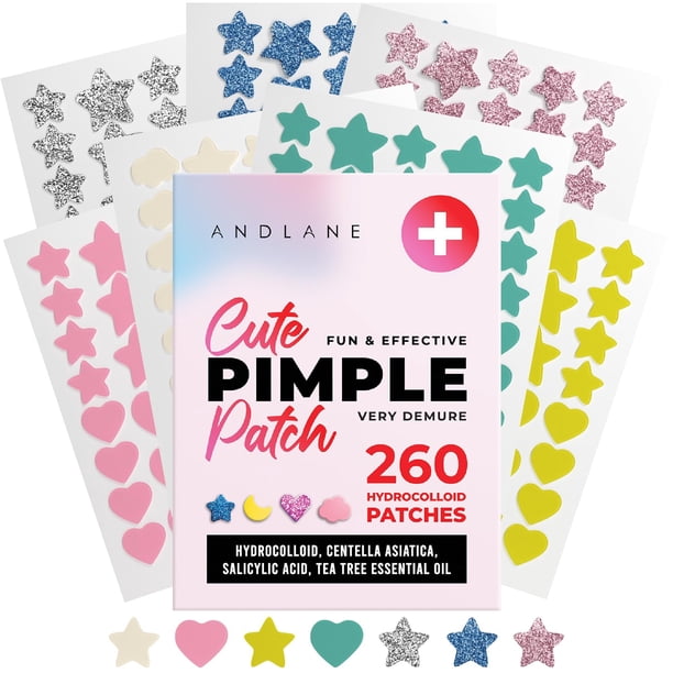 260 parches lindos para espinillas para la cara – Parches hidrocoloides para acné y zit – Pegatinas para imperfecciones para el cuidado de la piel de la cara – Estrella, corazón, nube, luna, purpurina