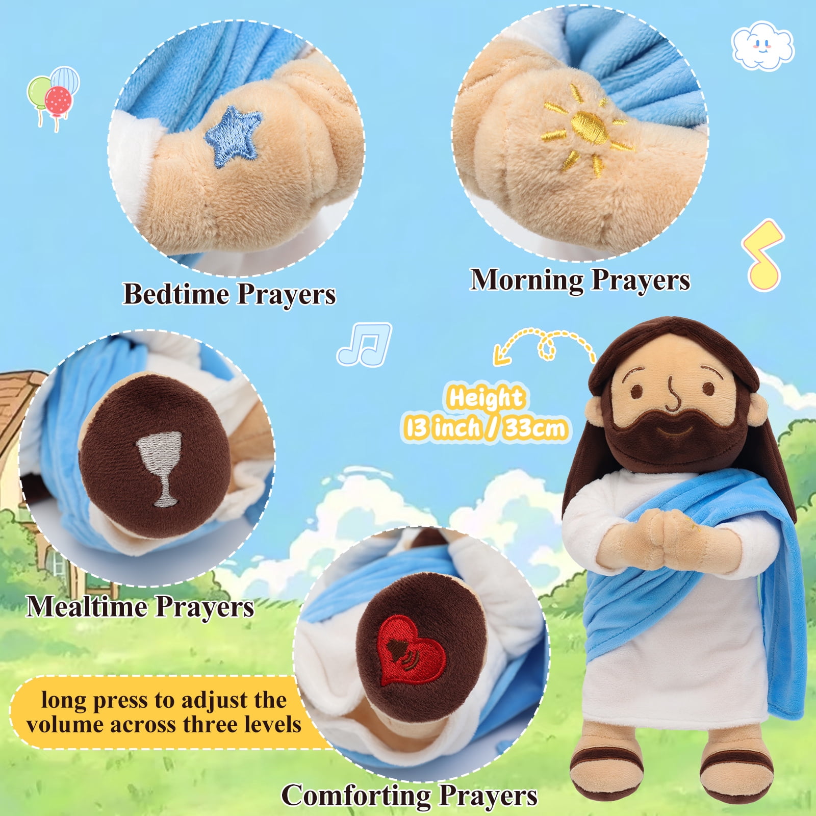 13" Praying Jesus Plush for Kids, Talking Jesus Plush Toy for Church Easter Gift, Jesus Stuffed Doll for Sunday School Religious and Baptisms Favors-Speaks 12 Prayers & 3 Songs