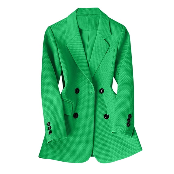 Waffle Knitting Blazer for Women Mid Length Trenchcoat Notched Lapel Double Breasted Suit Jacket Unlined Overcoat Green L
