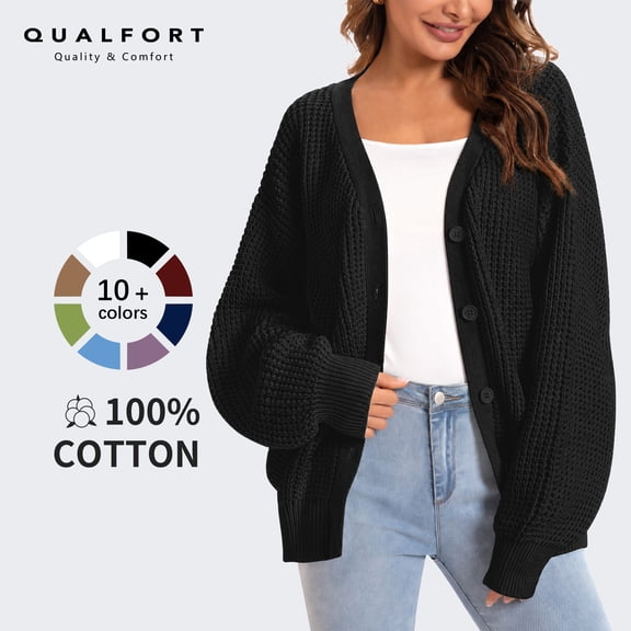 QUALFORT 100% Cotton Cardigan Sweaters for Women, V Neck Button Down Chunky Knit Cozy Relaxed Fit Sweater Cardigan