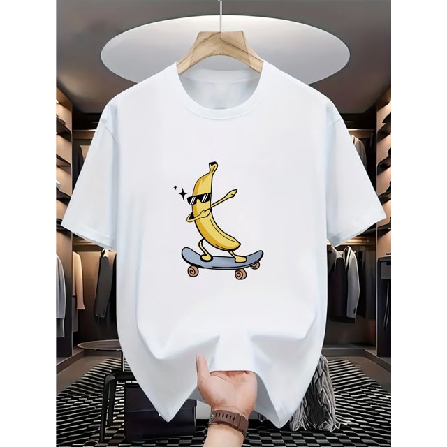 Boys' Cool Banana Skateboard Graphic T-Shirt - Black Casual Short Sleeve Tee for Teens, Soft Cotton, Machine Washable, Round Neck Design