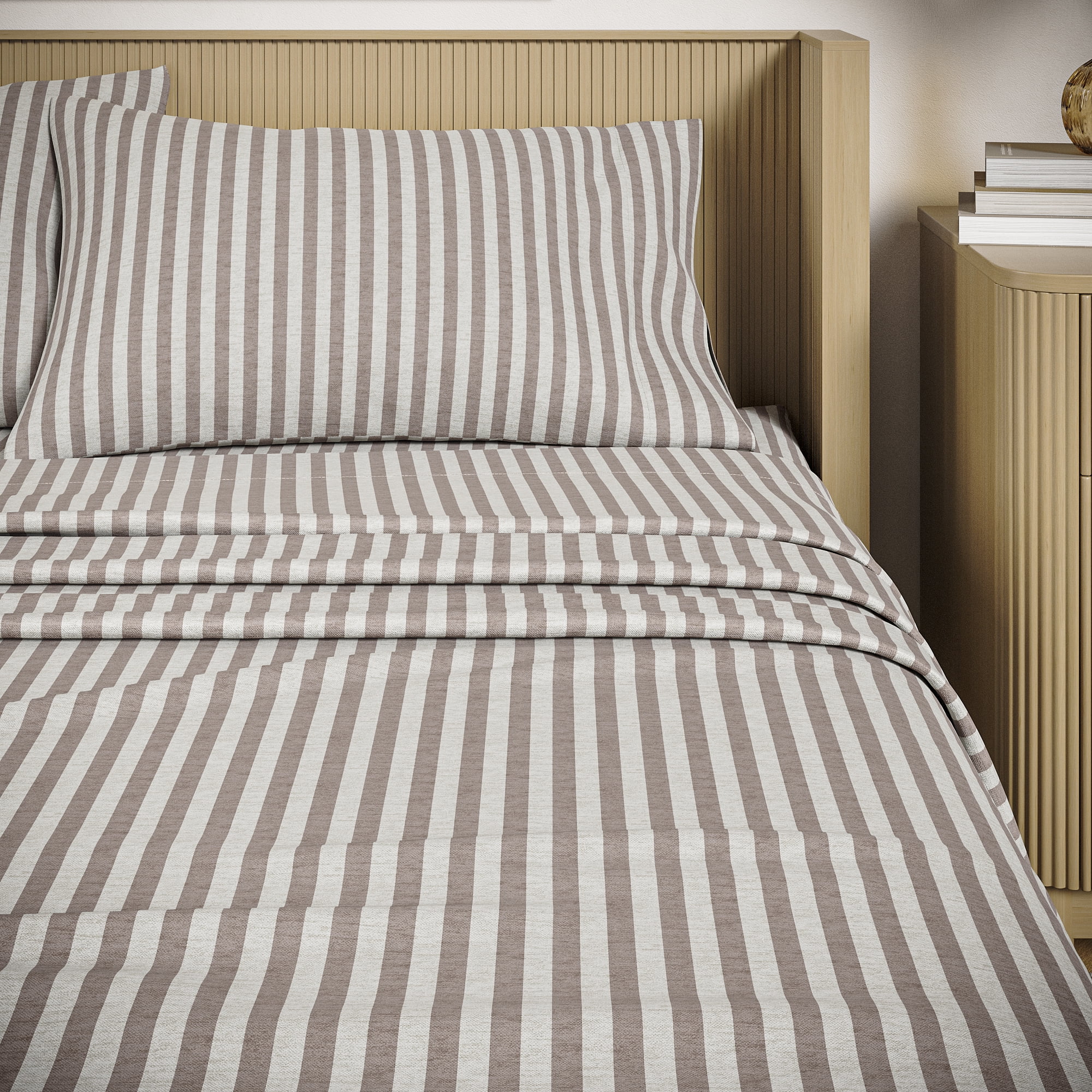 Beautiful Striped 3-Piece 100% Cotton Percale Natural Sheet Set, Twin by Drew Barrymore