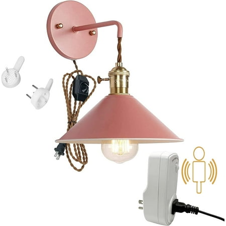 

FSLiving PIR Motion Sensor Plug-in Wall Sconce Macaron Lighting Fixture with 6 ft In-Line Dimmable Switch Plug In Cord Automatically On/Off Smart Wall Lamp for Nightstand - Pink