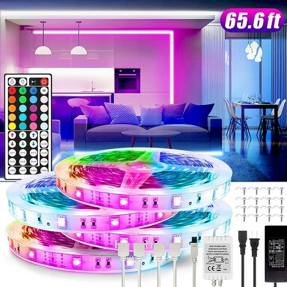 Led Strip Lights for bedroom 65.6ft(20M) 5050 SMD RGB Flexible LED Tape Lightswith DC12V Power Supply 44Key IR Remote Controller for Under Cabinet Lighting Bedroom, Living Room
