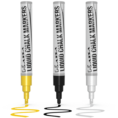 Glass Gold Pens (Kassa Metallic Liquid Chalk Markers for Blackboards & Glass (3 Pack - Gold, Silver & Black) - Chalkboard Pens Erases on Window, Blackboard, Mirror - Chalk Board Marker Includes Reversible)