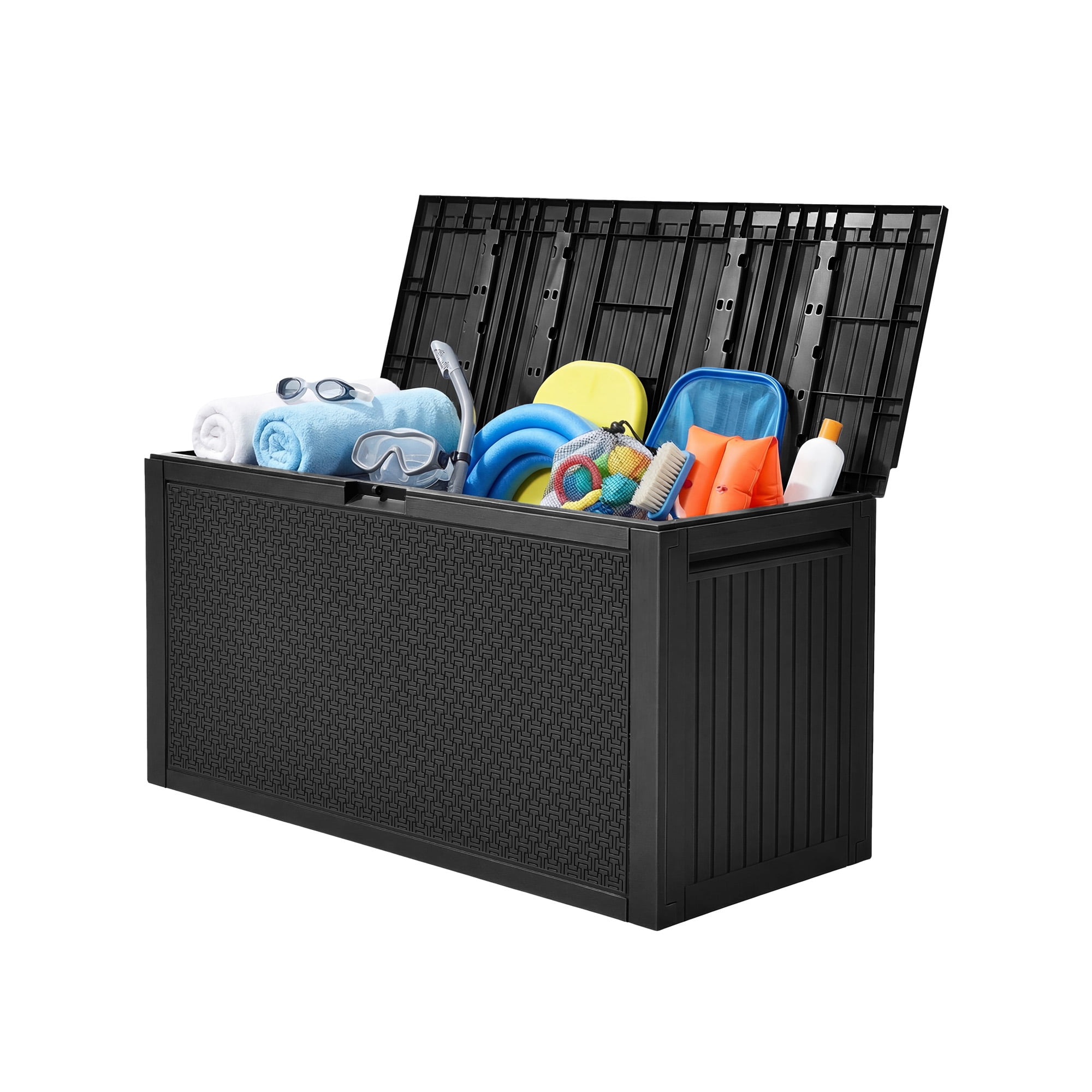 Uforic 90 Gallon Resin Outdoor Deck Box, Waterproof UV Resistant Lockable Storage Box with Handles, Black