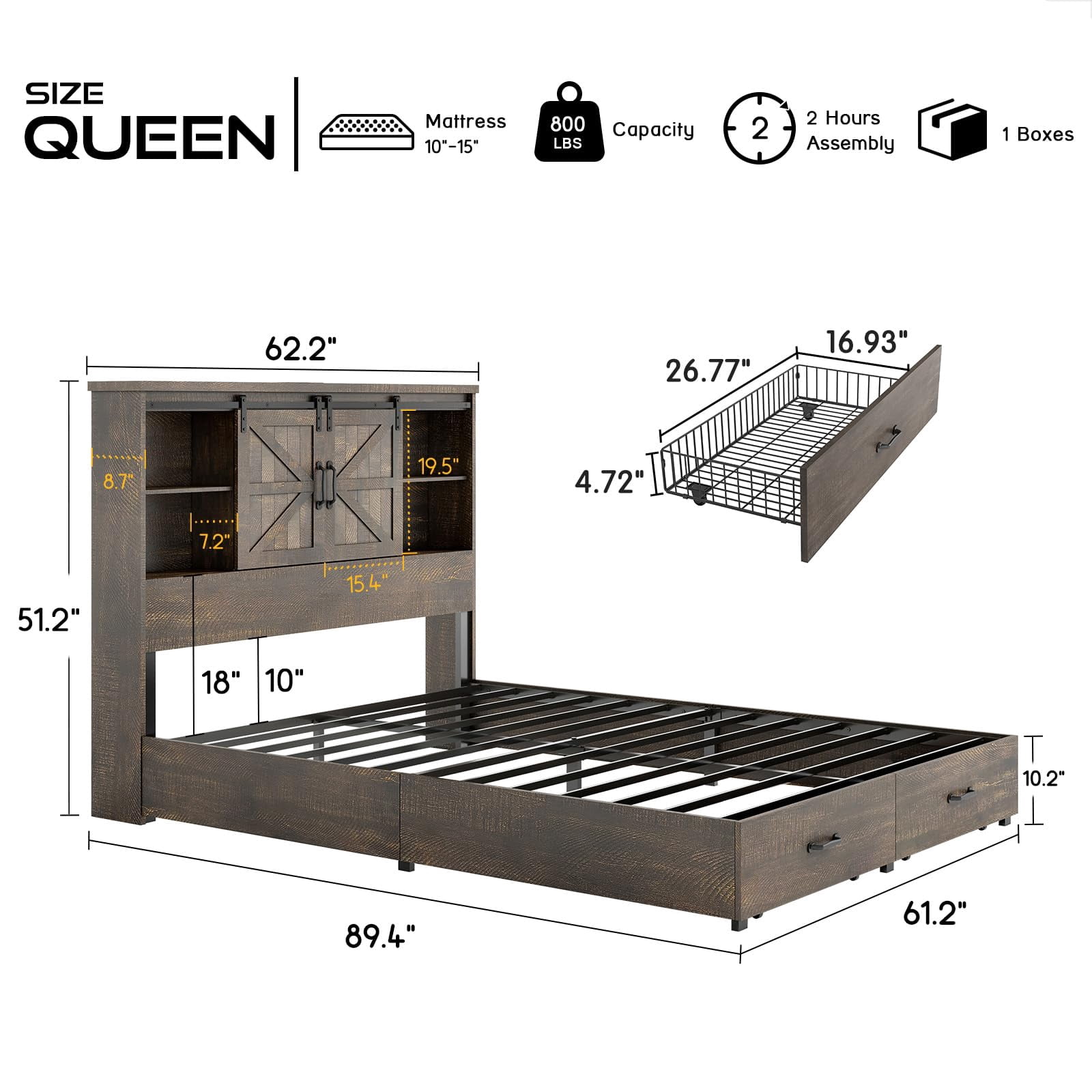 VanAcc Queen Size Wooden Platform Storage Bed Frame with 51.2" Wood Bookcase Headboard(Brown)