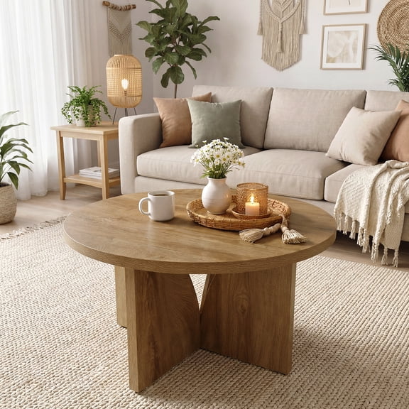 Finmind 31.5-inch Round Coffee Table, Farmhouse Wooden Center Table with Sturdy Base for Living Room, Apartment, and Office, Light Brown