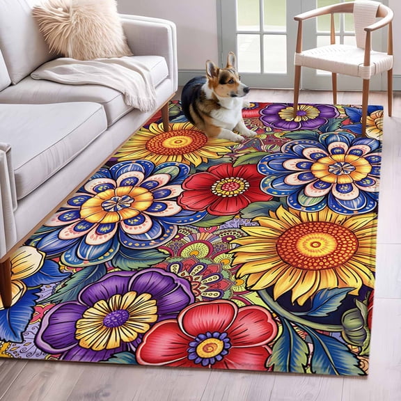 Rectangle Area Rugs 2.7 x 5 Ft, Boho Blue Flower Non-Slip Residential Carpet, Spring Bohemia Chic Red Yellow Floral Indoor Crawling Mats Runner Rugs for Living Room/Dining Room/Bedroom