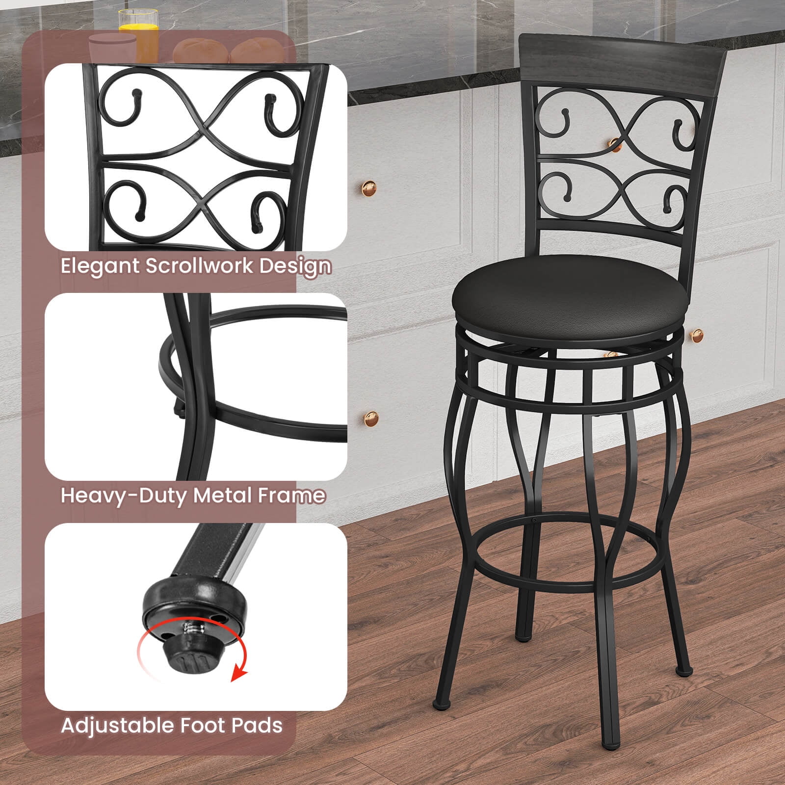 Costway, Vintage Swivel Bar Stools, 30'', Black Upholstered Set of
