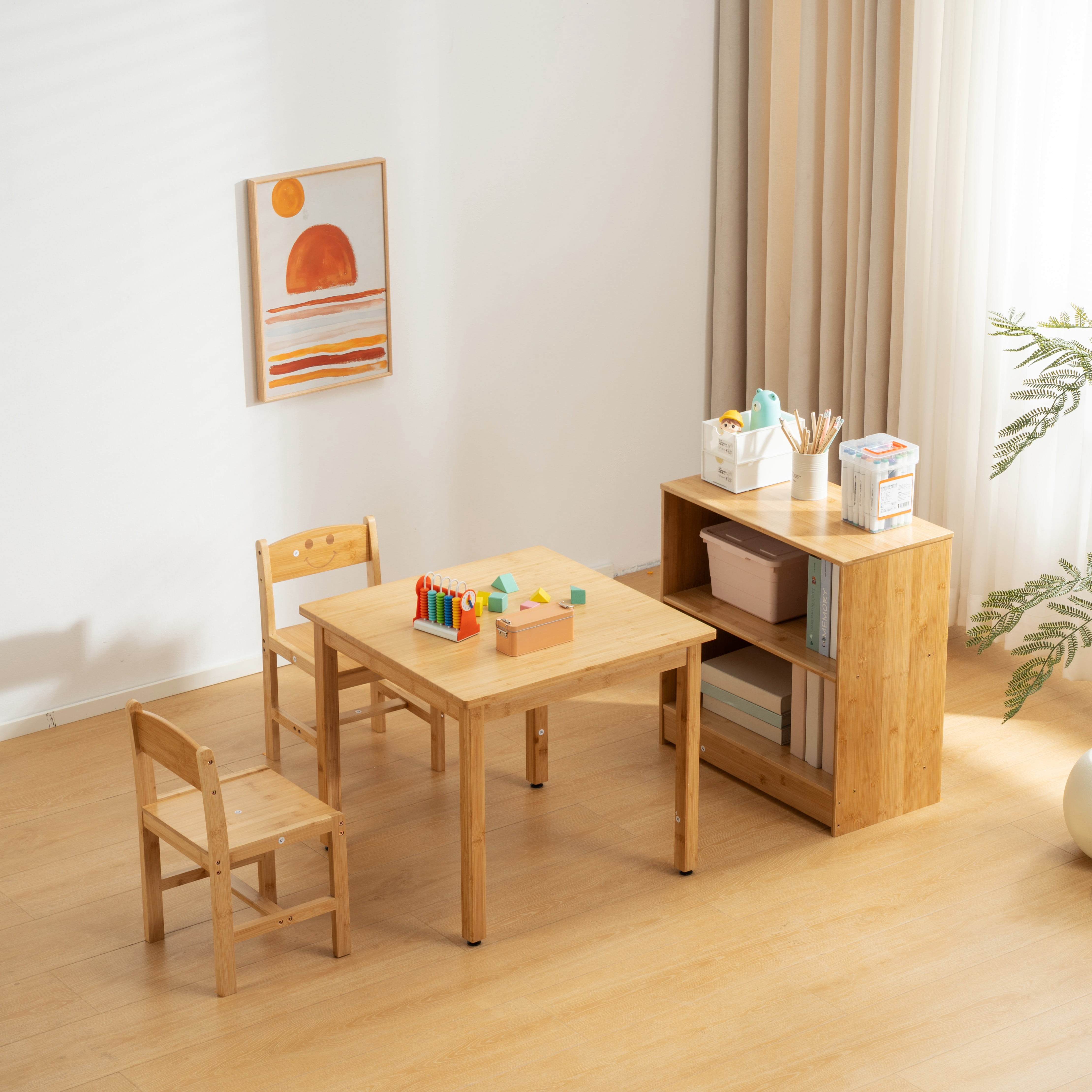 UNICOO® All-in-1 Kids Wooden Activity Table Combo Set with 1 Bookshelf & 2 Chairs – Kids Table and Chairs for Arts, Crafts, Reading & Snack – Toddler Small Desk 4-Piece Set for Playrooms & Classrooms