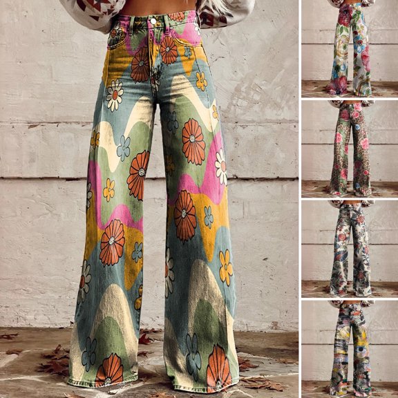Joernso Women Retro Casual Pants Mid-rise Button Zipper Fly Wide Leg Long Trousers with Pockets Digital Floral Print Leisure Trousers Streetwear