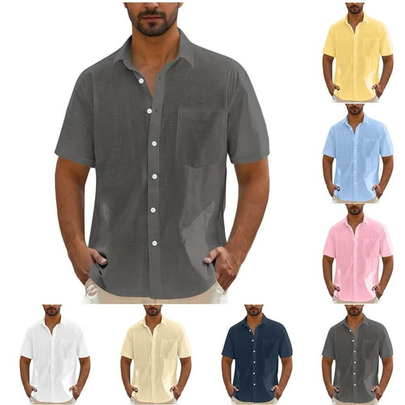 YanHoo Mens Button Down Shirt Cotton Linen Casual Short Sleeve Shirts Collared Hippie Beach Summer Tops with Pocket Dark Blue,XXL