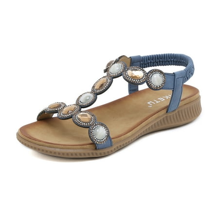 Women s Summer Sandals Comfortable T-Strap Beaded Flower Sparkly Rhinestone Flat Elastic Sandals Dress Shoes for Outdoor Beach Wedding
