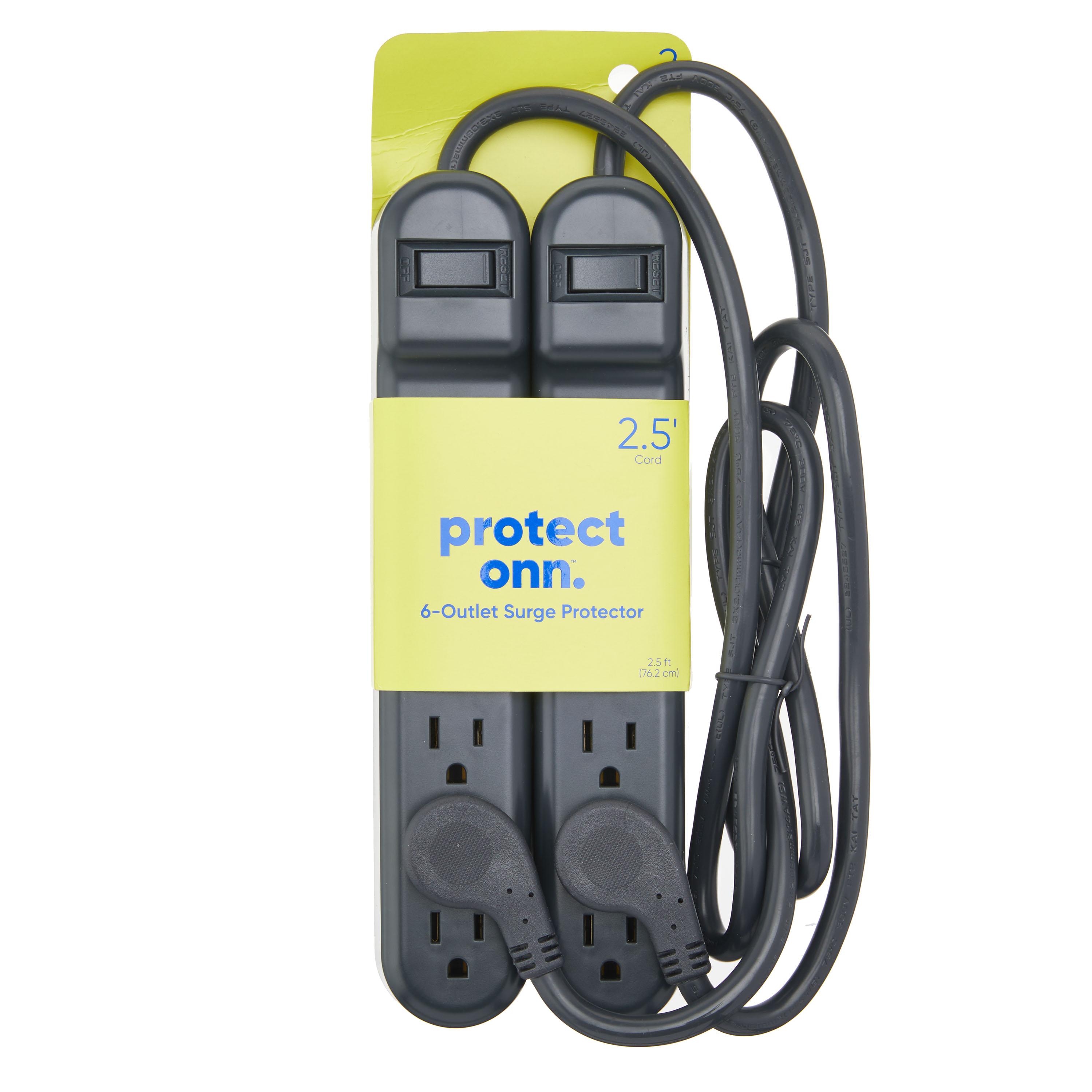 onn 6-Outlet Surge Protectors with 2.5' Cords, Gray, 2 Pack photo 3