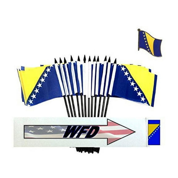 Pack of 12 4"x6" Bosnia Polyester Miniature Office Desk & Little Table Flags Plus Free Bosnia Single Flag Lapel Pins, 1 Dozen 4"x 6" Bosnian Small Mini Hand Waving Stick Flags