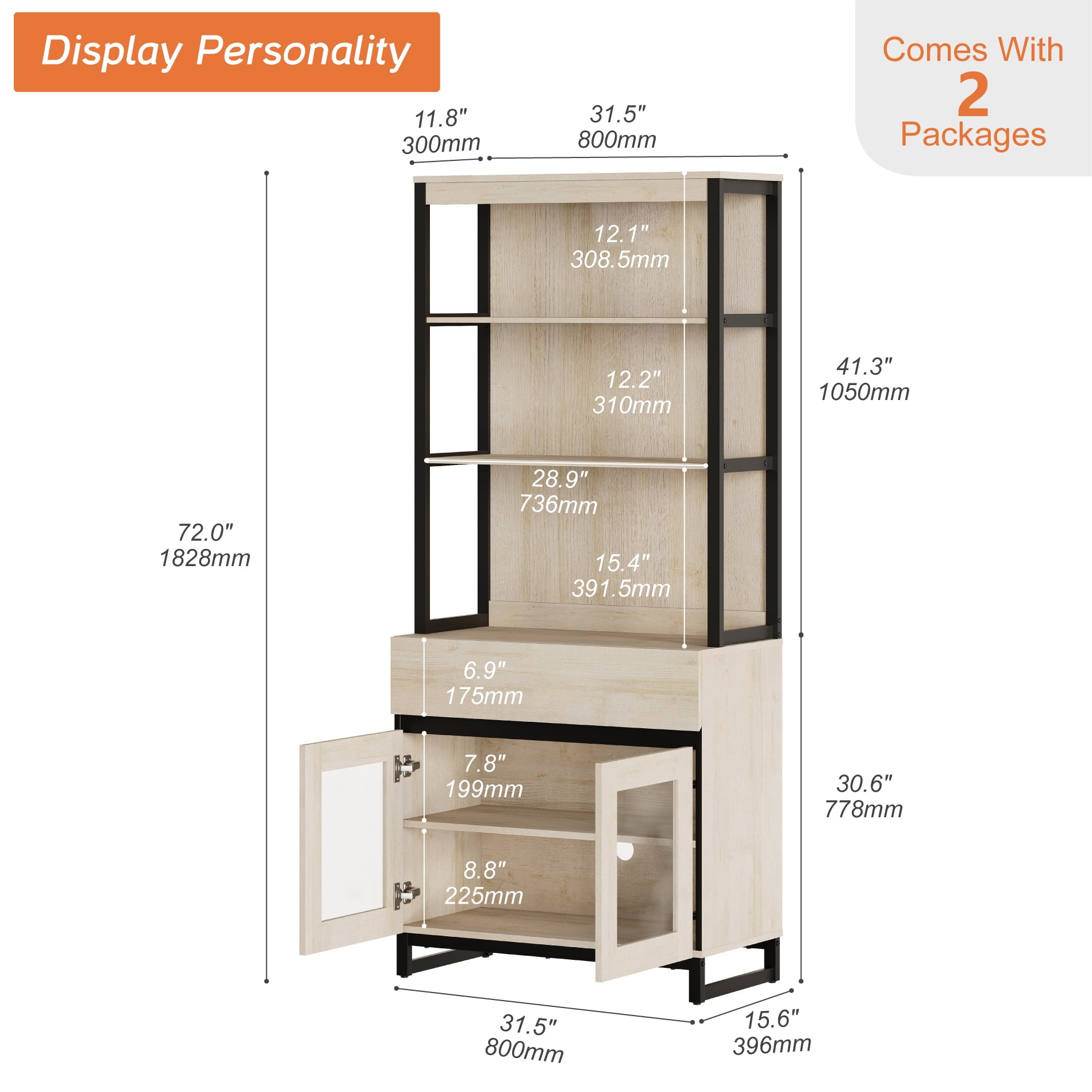 WAMPAT Modern 72" Tall Bookcase with Drawer and Open Book Shelfs, Library Book Shelf with Glass Doors Storage Cabinet, Wood Freestanding Bookshelf for Home Office, Living Room,Beige