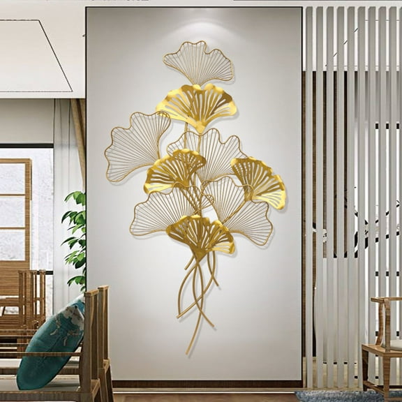 Metal Wall Art Decor Sculpture Golden Ginkgo Leaves Wall Decoration Creative Handmade Metal Wall Art Hanging Decoration for Living Room Large Iron