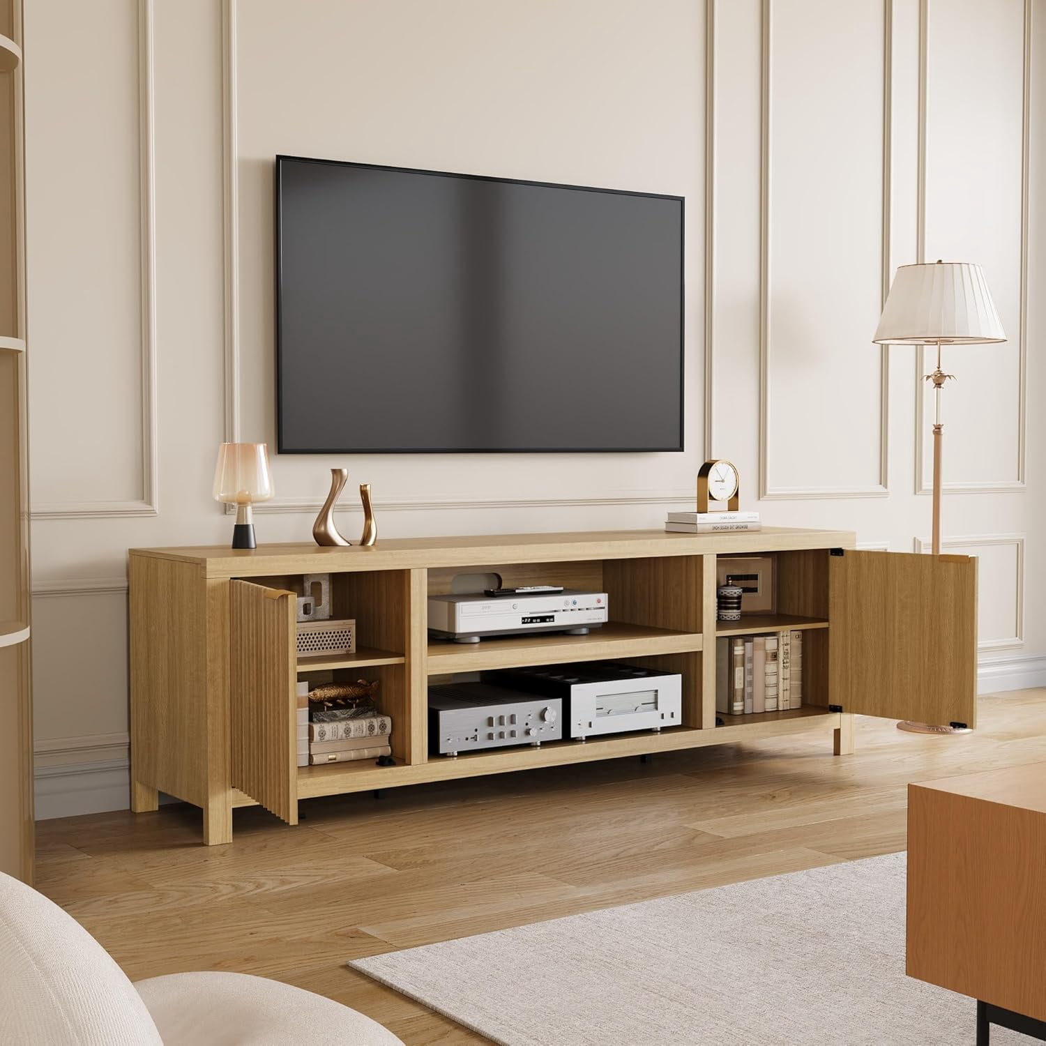Garvee Fluted TV Stand for 80 Inch TV, Modern Entertainment Center with Storage, Media Console with Gold Handles & Fluted Doors, Natural Oak