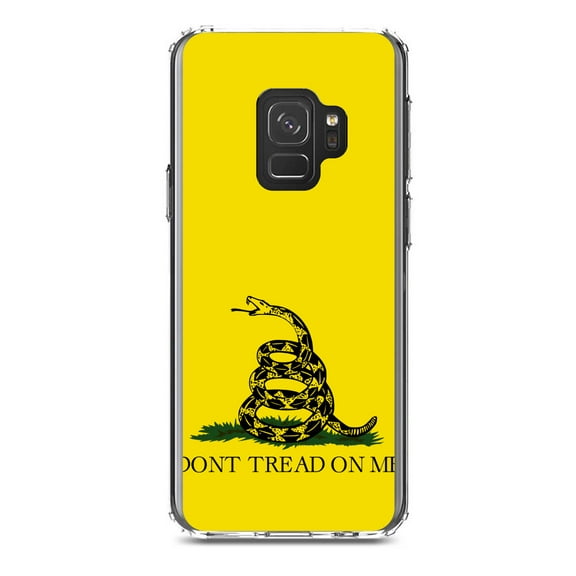 DistinctInk Clear Shockproof Hybrid Case for Samsung Galaxy S9 (5.8" Screen) - TPU Bumper, Acrylic Back, Tempered Glass Screen Protector - Don't Tread On Me - Gadsden Flag