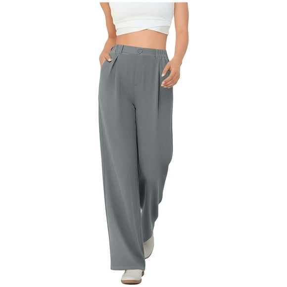 Amzcrzy Pantalones Vestir Mujer Color Liso S-2XL - Cintura Alta Elástica, Pliegues Frontales, Sin Cremallera, Bolsillos, Para Trabajo Gris