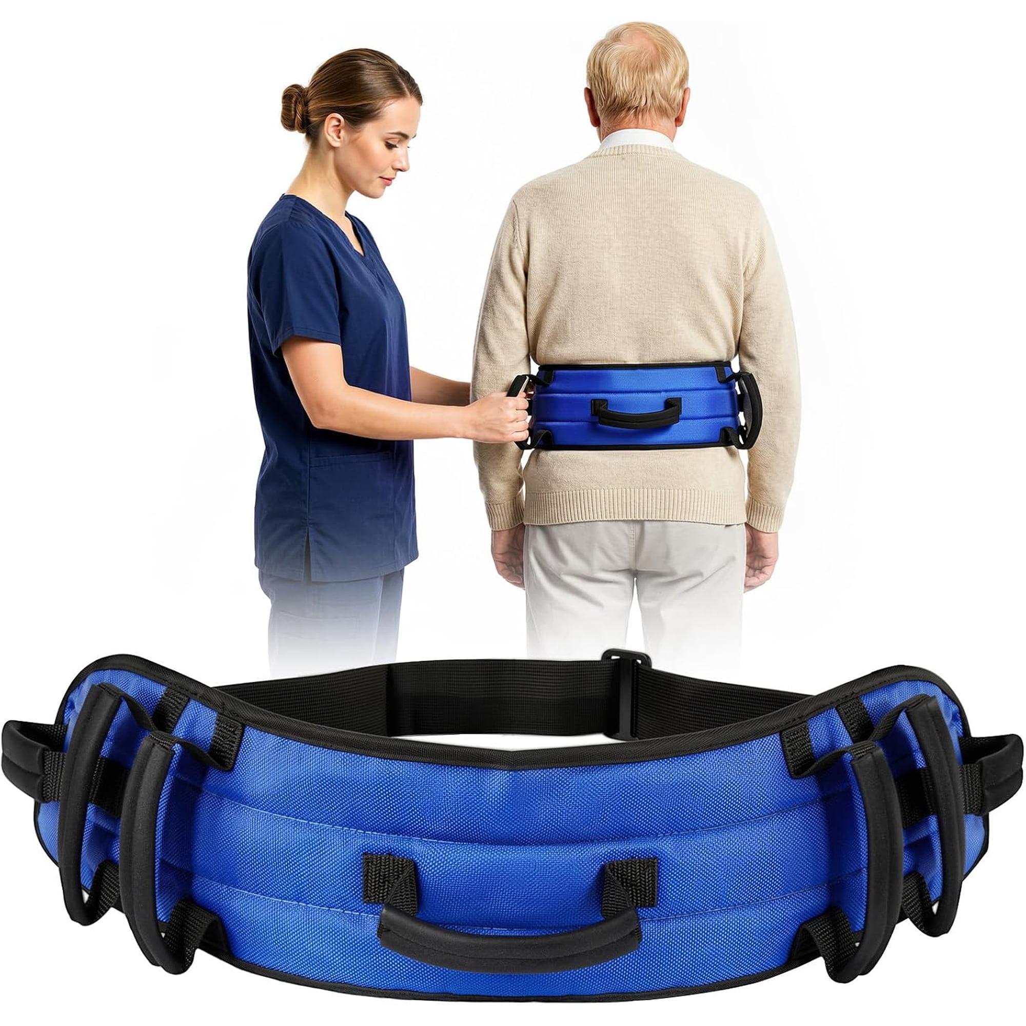 Rhino Valley Gait Belt Transfer Belt for Senior with 7 Handles, 59" Anti-Slip Transfer Belt for Elderly, Lift Belt, Nursing Safety Patient Assist, Blue & Black