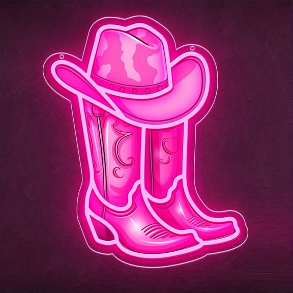 Pink LED Cowboy Boot & Hat Neon Sign with Hat - Western Wall Art Decor for Game Room, Bedroom, Party, Bar - USB Powered, Wall-Mounted, No Batteries Needed, Cowboy Accessories