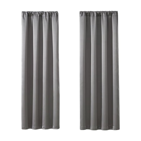 STYLE U 3-PIECE TENSION ROD AND GREY SOLID ROD POCKET ROOM DARKENING INDOOR CURTAIN SET