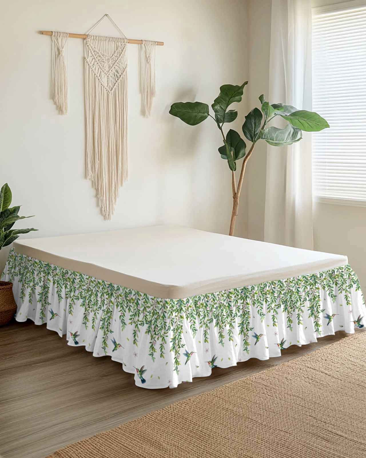 Spring Leaves Bed Skirt California King Size 18 Inch Drop, Watercolor Falling Green Leaf Floral Plant Flying Birds Adjustable Elastic Dust Ruffles Bedskirt Wrap Around Pleated Mattress Frame Cover