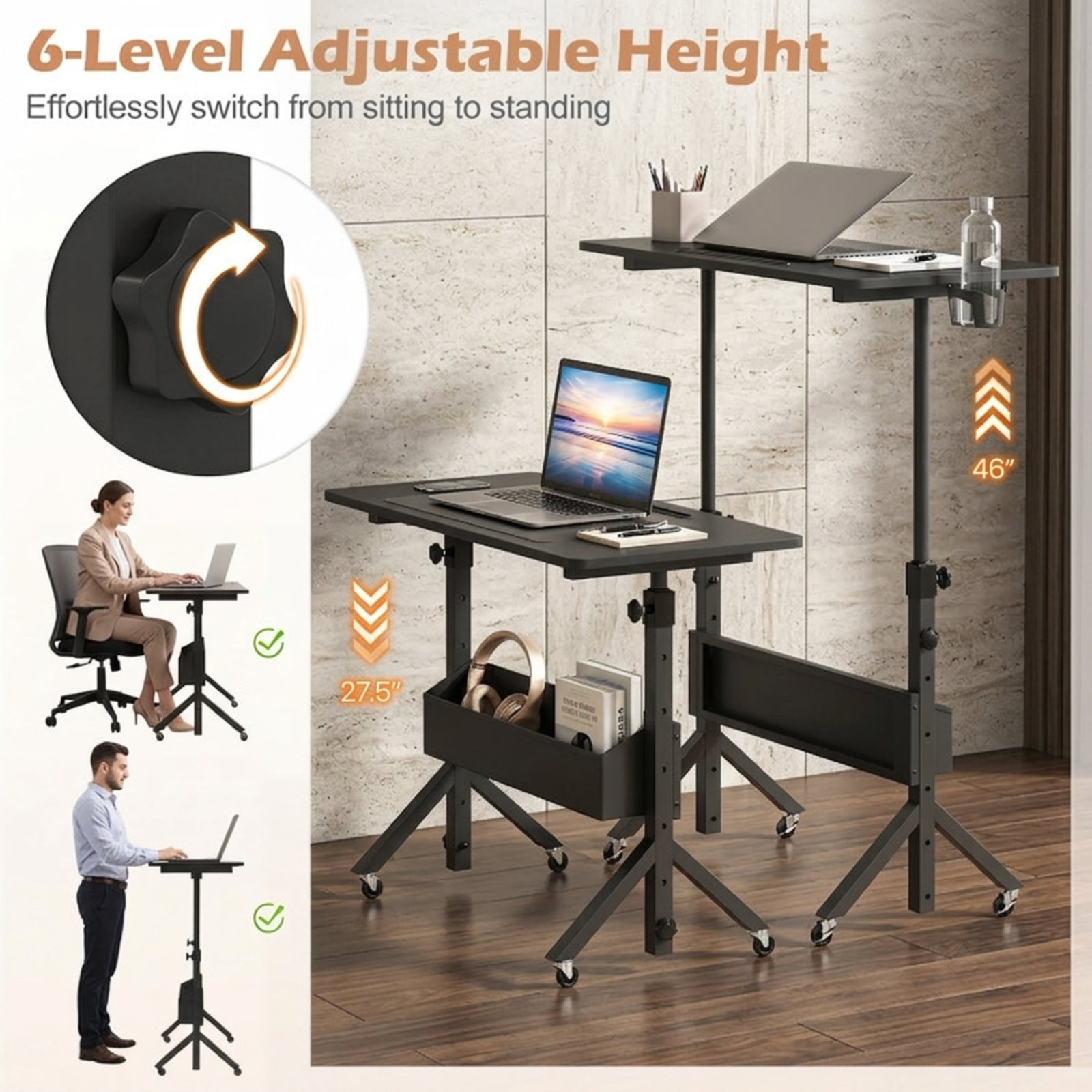 Furnibear Mobile Standing Desk and Height Adjustable Rolling Laptop Desk with Cup Holder Storage Basket and Locking Wheels for Small Spaces, Black
