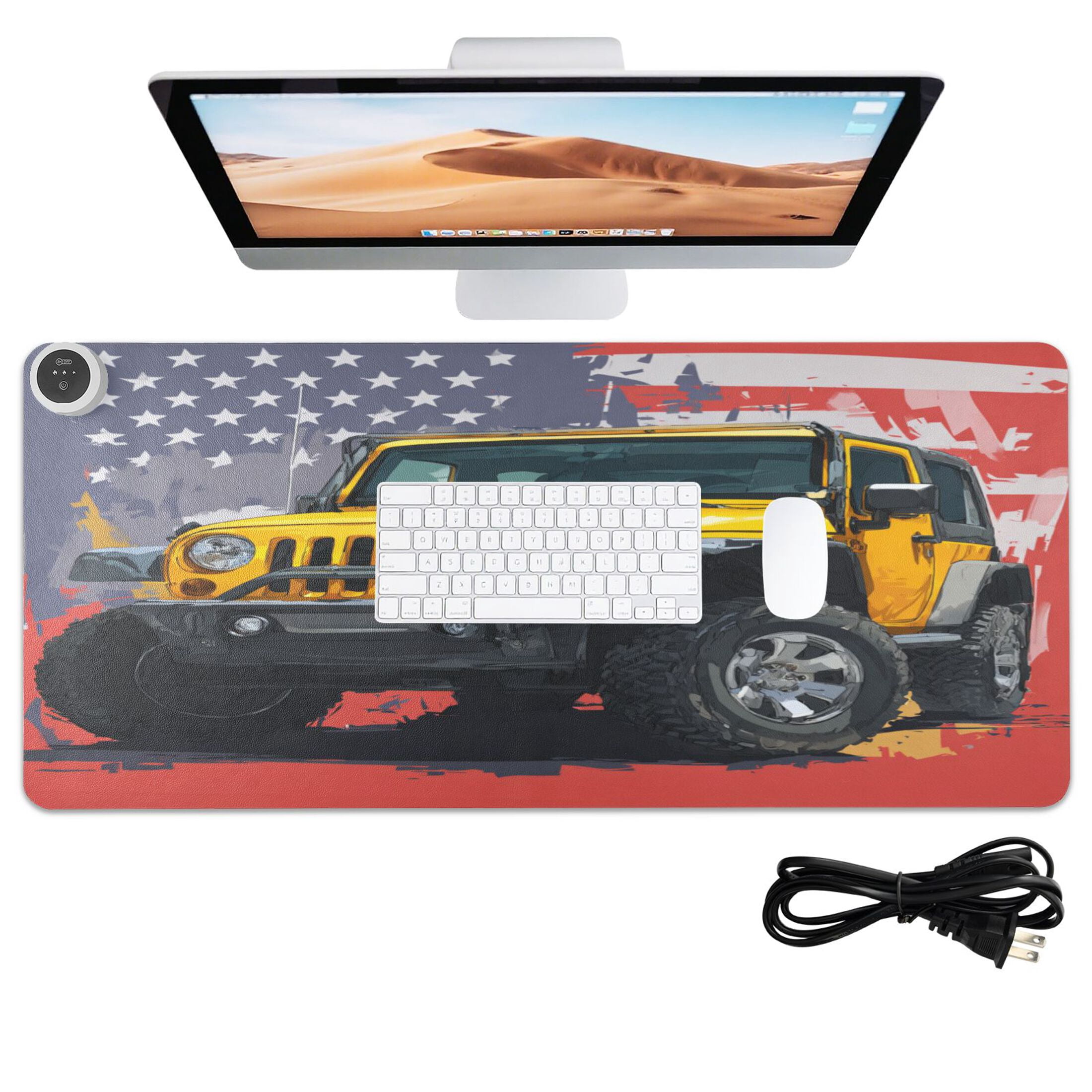 Large Heated Desk Mat Mouse Pad 31.5"x13"PU Leather Graphene Heating Desk Warmer with 3 Temperature Settings 110V US Plug Non-Slip Warm Pad for Home, Office, and Gaming Yellow Jeep Car Pattern