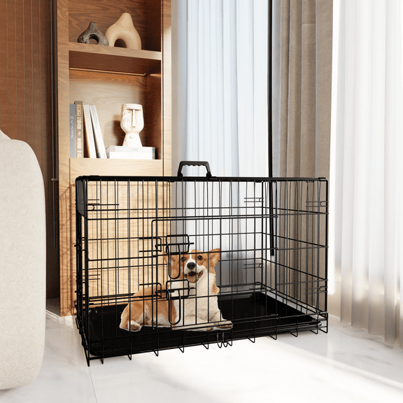 30'' Dog Crate, Double Door Folding Metal Wire with Divider and Plastic Leak-Proof Pan Tray for Indoor, Outdoor, and Travel