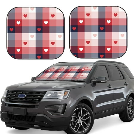Hirioo Heart Plaid for 2PCS Windshield Sun Shade Foldable | Front Windshield Shade for Sun Heat and UV Rays-Large