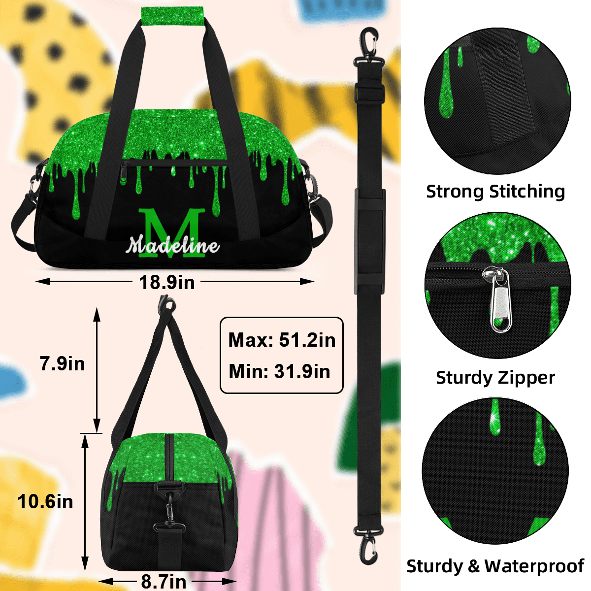 Herdesigns Personalized Sports Duffel Bag with Name Custom Weekender Overnight Bag Gym Bag Travel Dance Gymnastics Duffel Bag, Green