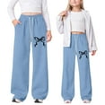 thumbnail image 3 of WMQPNNS Girl's Baggy Sweatpants Bowknot Straight Long Athletic Pants Girls Sweatpants Size 8 Printed Drawstring Track Pants with Pockets Kids Clothes, Size 11-12 Years, Sky Blue, 3 of 5