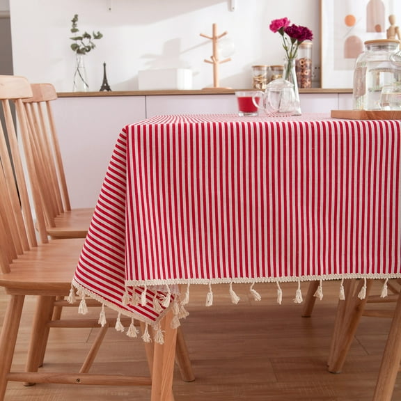 ERDOUY red fine striped Small Fresh Countryside Style Tablecloth, Home Tea Table Cover, Tassel Lace ,180 * 140cm