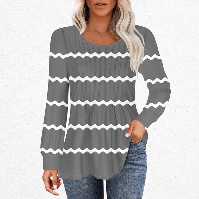 RXIRUCGD Hauts Décontractés Mode pour Femmes Col Rond Plissé Rayé Manches Longues, Gris, Taille : m