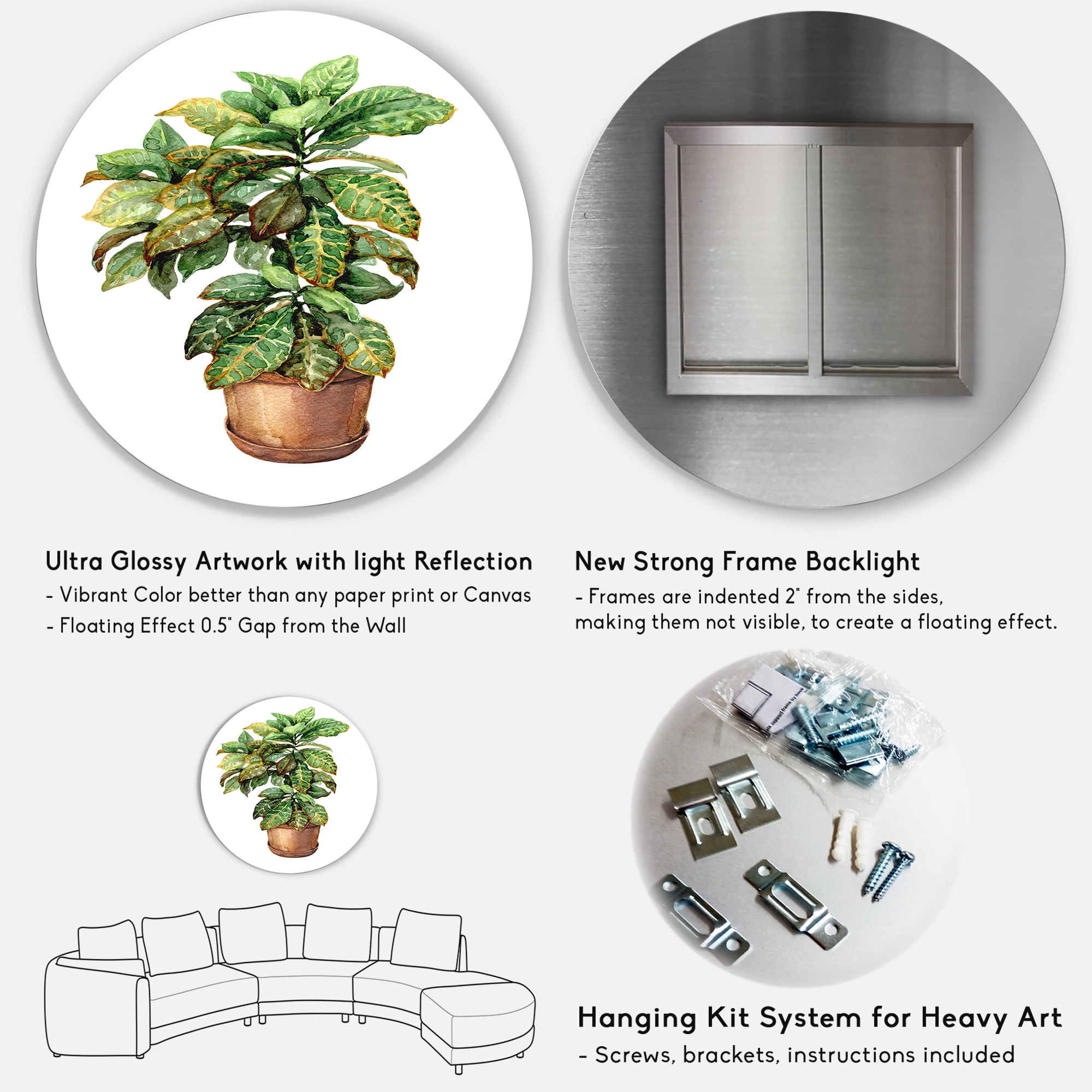 Designart 'Green Croton In Clay Flowerpot' Traditional Circle Metal Wall Art 11x11 - Disc of 11